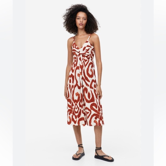 NWOT H&M Twist Detail Dress Midi Cream/Brown Patterned Spaghetti Strap - Picture 1 of 7